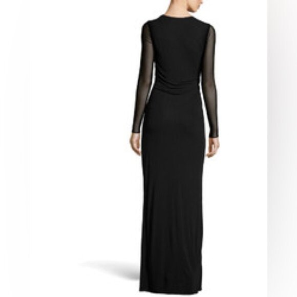 HALSTON HERITAGE Black Sheer Sleeve Ruch Wrap Elegant Gala Evening Maxi Dress - Picture 11 of 11